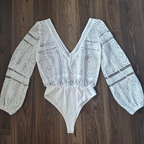 💙 Blue Blush Crochet Long Sleeve Bodysuit Size M Boho Hippie Retro Knit Cottage - Picture 1 of 8